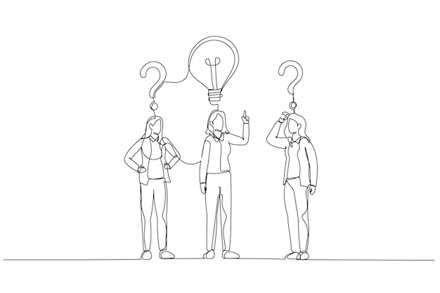Drawing of businesswoman with question sings and lamp idea concept of find right decision Single continuous line art