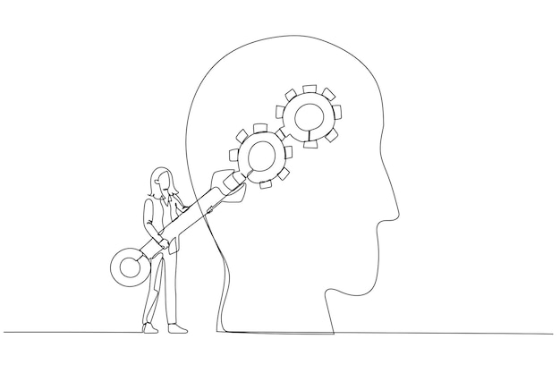 Drawing of businesswoman with using wrench fixing gear cogwheels metaphor for change mindset attitude Single continuous line art style