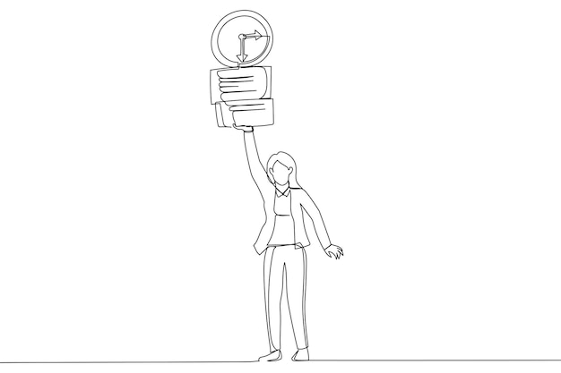 Drawing of businesswoman working with laptop while carrying load of paperwork Ability to work under pressure Single line art style