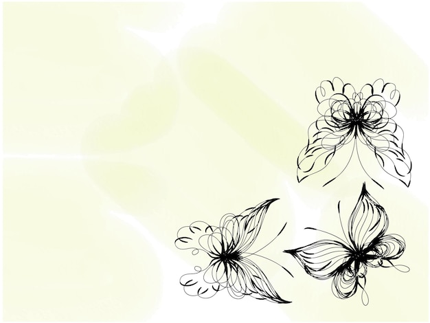 Vettore un disegno di farfalle con uno sfondo giallo con fiori neri e bianchi