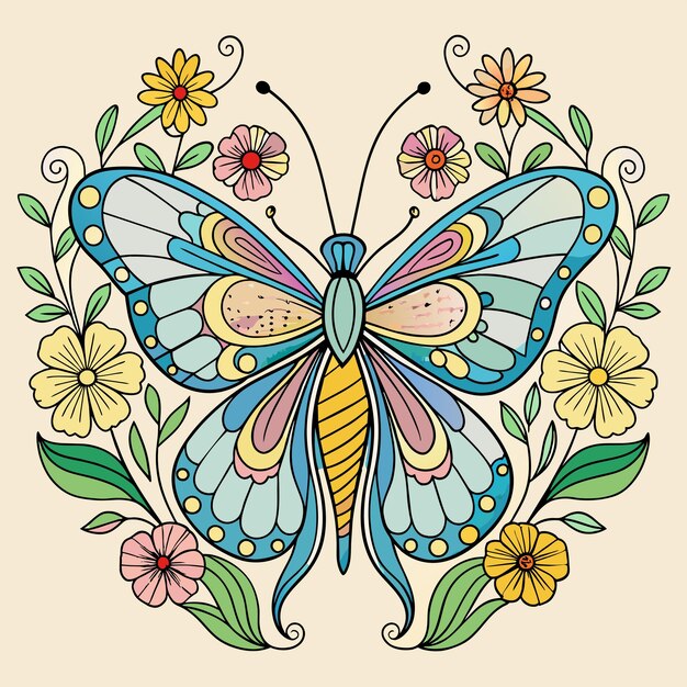 Vector a drawing of a butterfly with flowers and butterflies