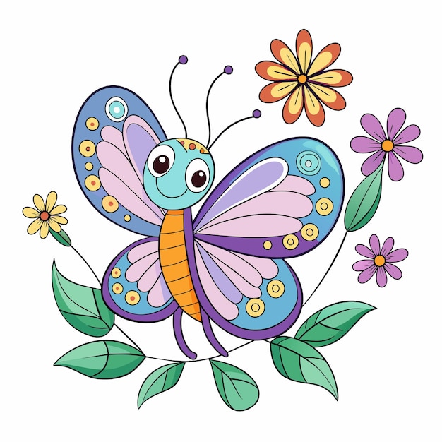 Vector a drawing of a butterfly with flowers and butterflies