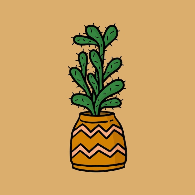 A drawing of a cactus in a pot on a brown background.