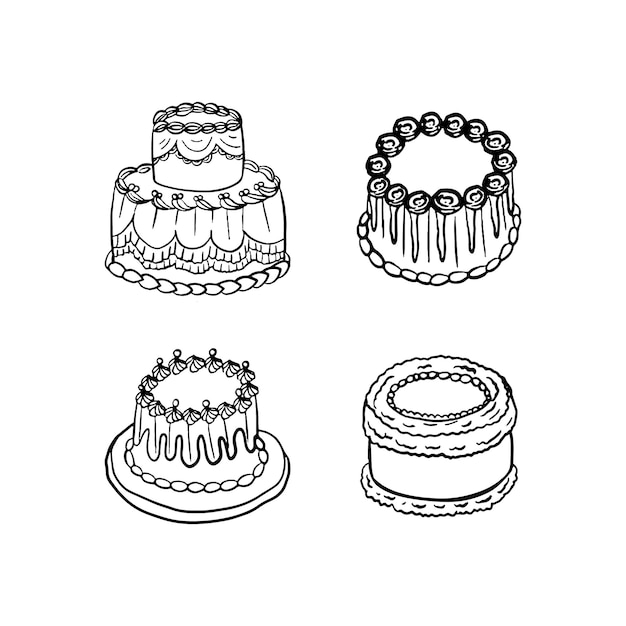 A drawing of cakes with different designs