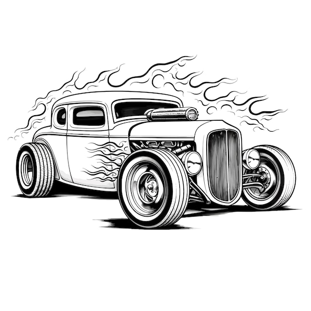 A drawing of a car that has flames on it