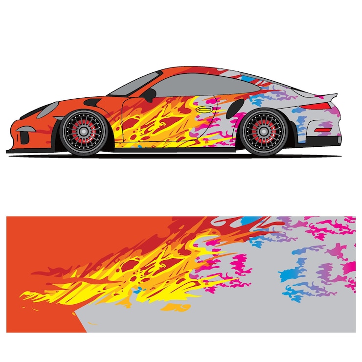 Vector a drawing of a car with flames and the word " fire " on it.