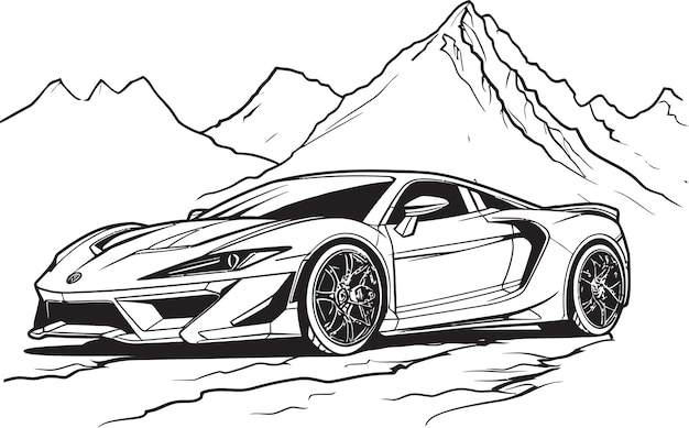 a drawing of a car with mountains in the background