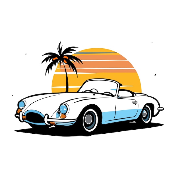 a drawing of a car with a palm tree and a sun in the background