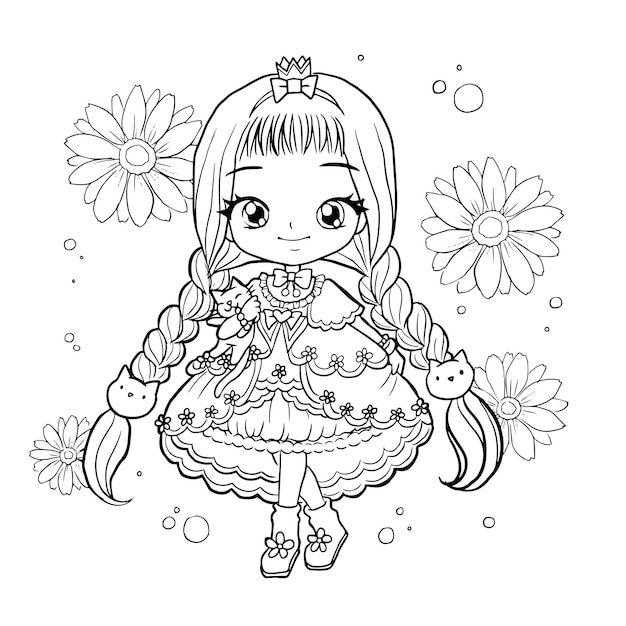 Vector drawing cartoon cute coloring page line art outline anime manga kawaii kids