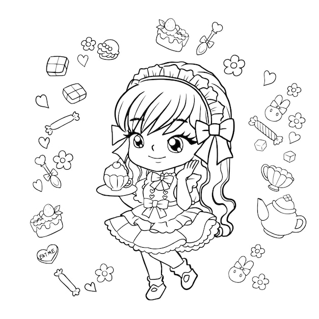 Drawing cartoon cute coloring page line art outline anime manga kawaii kids