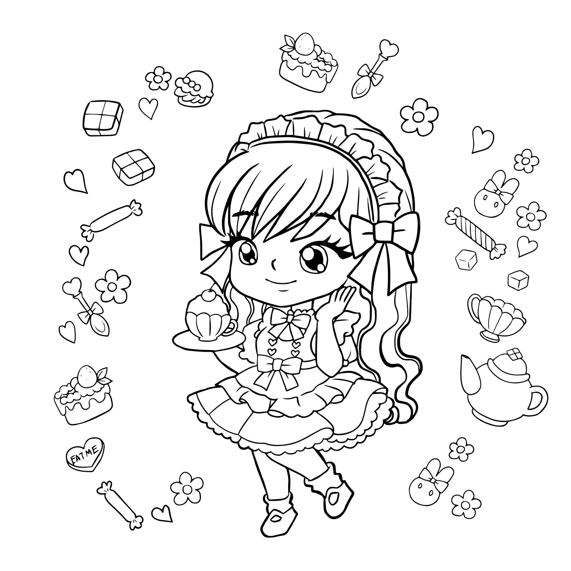 Coloring Page Of Anime Girl With Black And White Line Art Outline