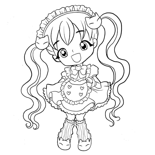 Vector drawing cartoon cute coloring page line art outline anime manga kawaii kids