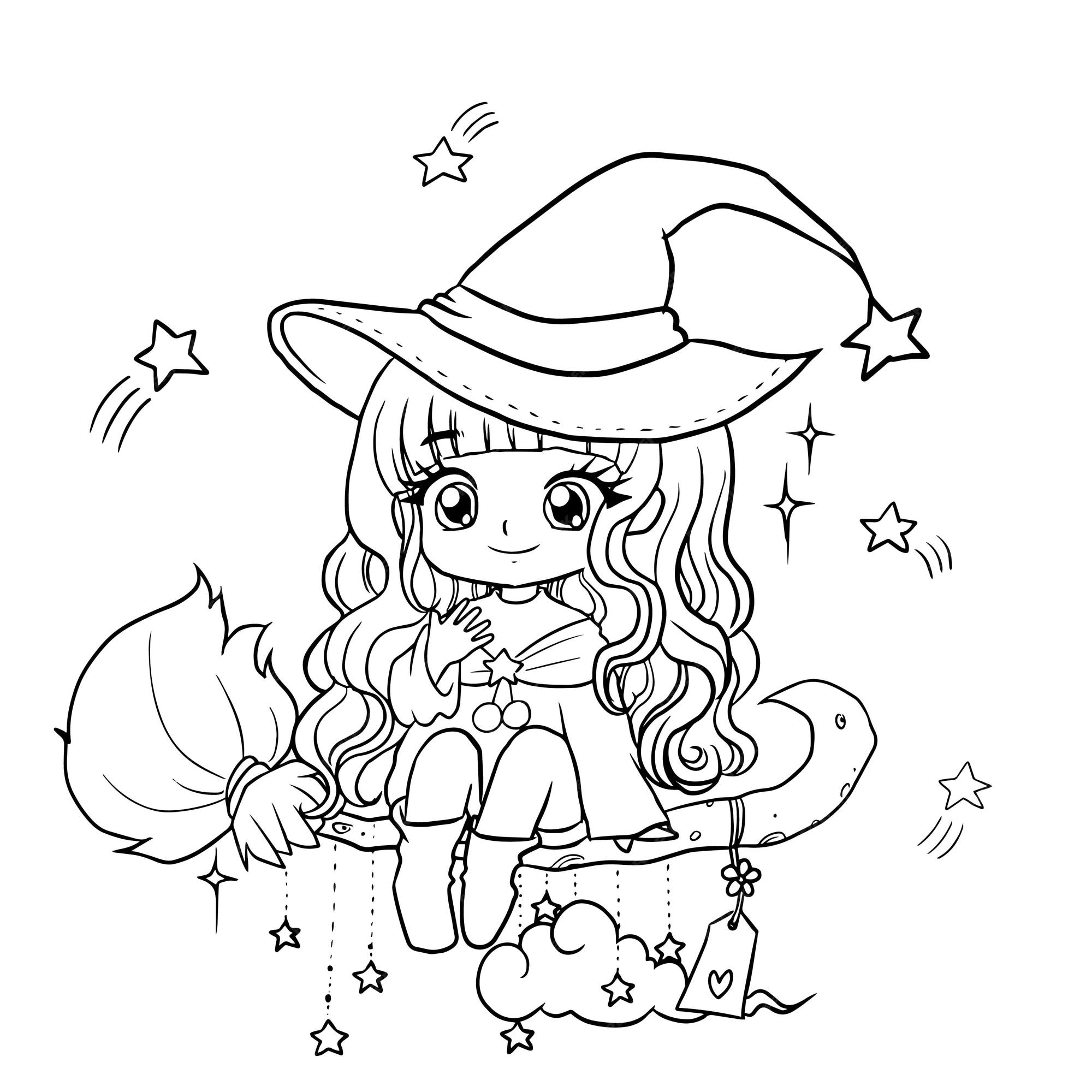 witch girl cartoon doodle kawaii anime coloring page cute