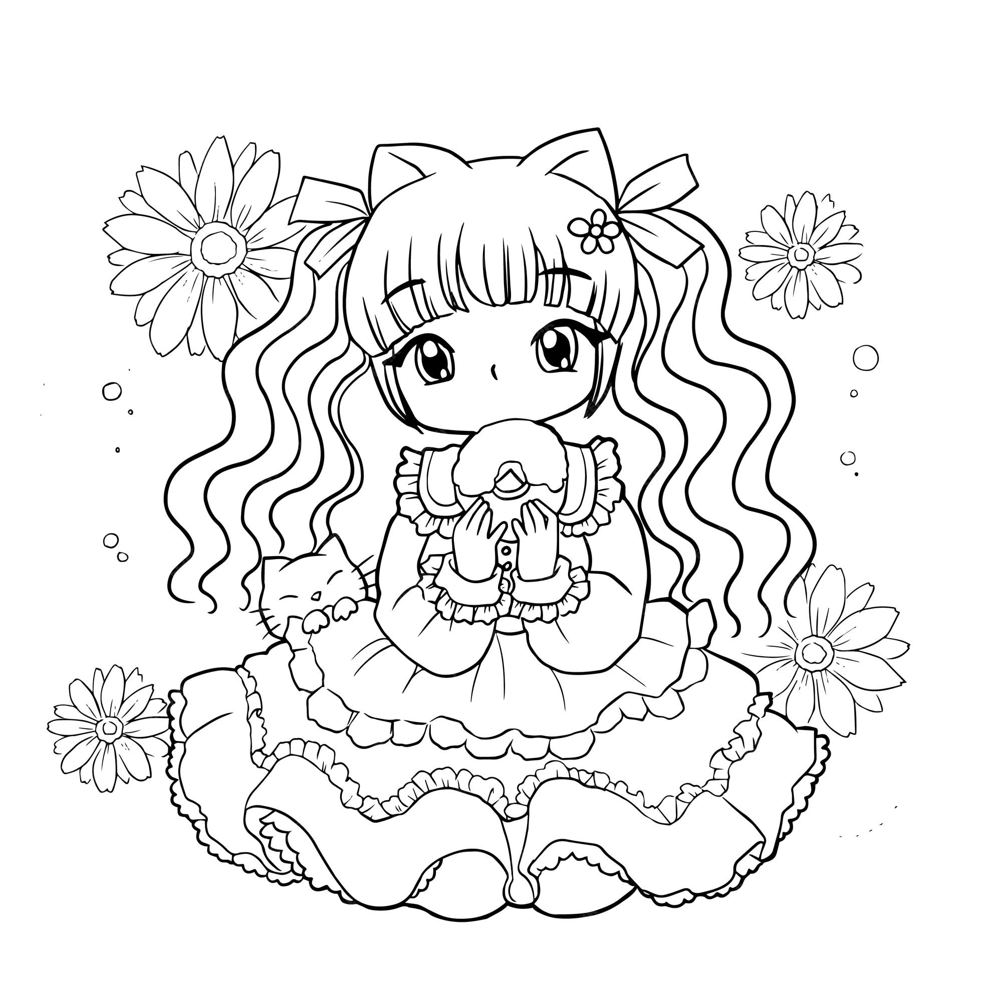 Coloring Page Of Anime Girl With Black And White Line Art Outline