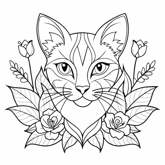 Vettore un disegno di un gatto con dei fiori e un disegnaggio di un gattone