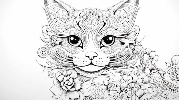 Vettore un disegno di un gatto con fiori e una testa di gatto