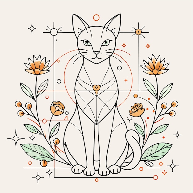 Vettore un disegno di un gatto con fiori e un cuore al centro