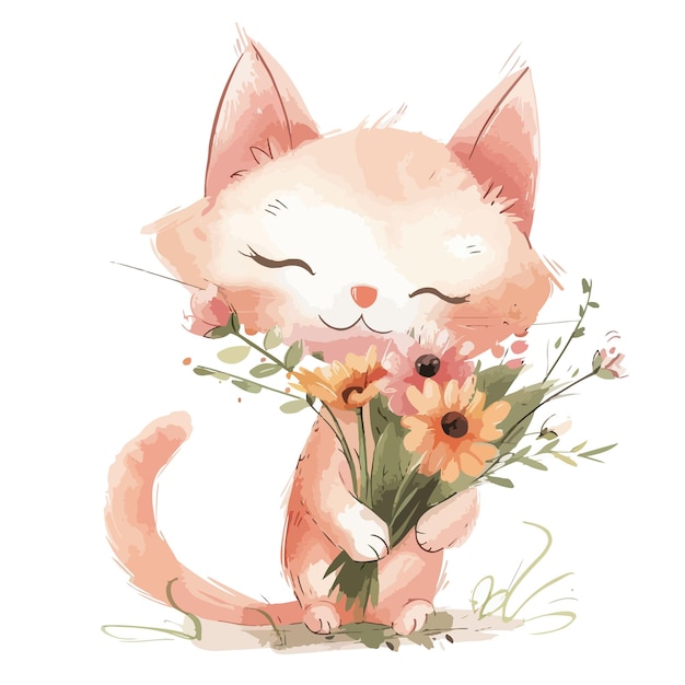 꽃과 고양이의 그림으로 고양이를 그린 그림