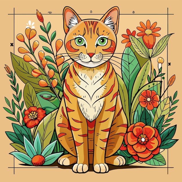 Vector a drawing of a cat with flowers and a picture of a tiger