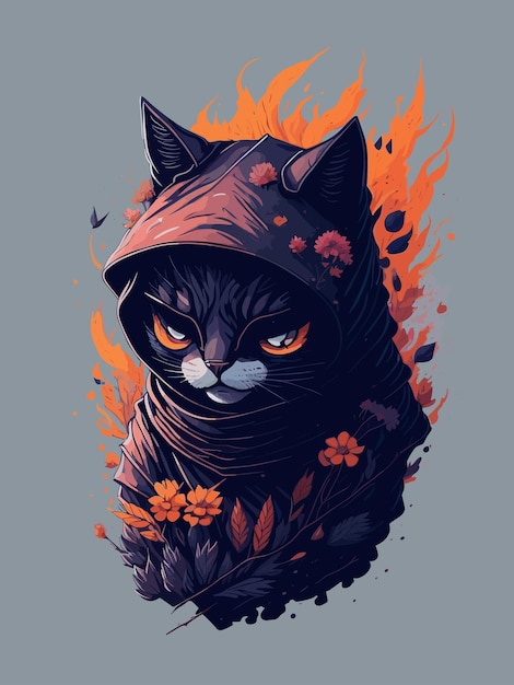 A drawing of a cat with a hood and orange flowers on it.