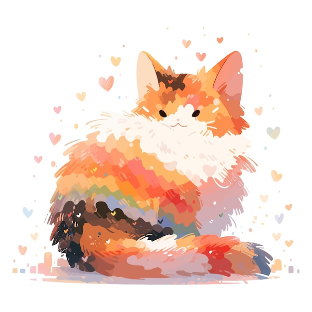 Un disegno di un gatto con molti cuori e un arcobaleno