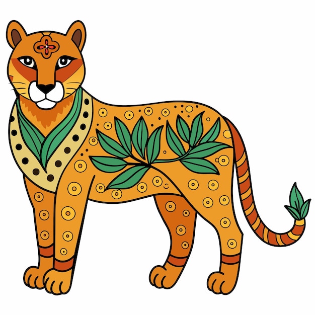 Vettore un disegno di un gatto con un modello giallo e una foglia verde