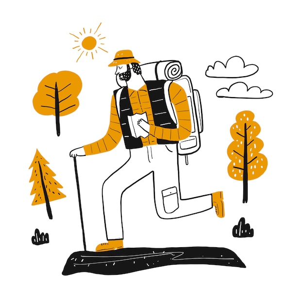 Vector the drawing character male tourists in mountain climbing set