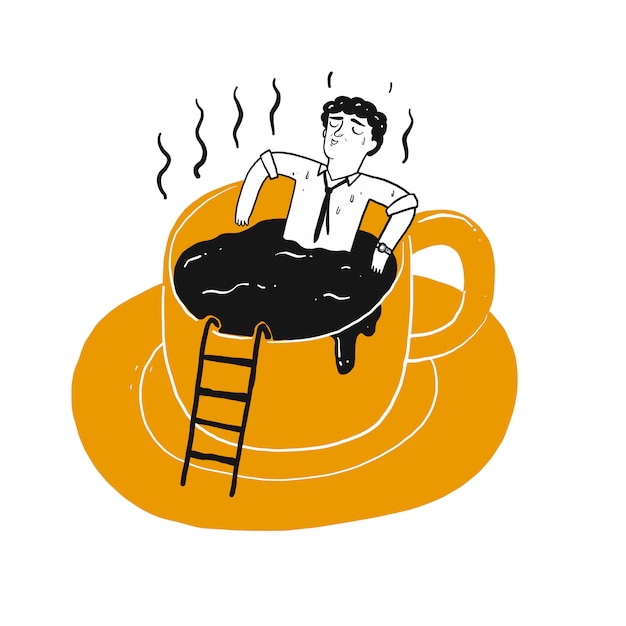 The drawing character a man in cup of coffee.