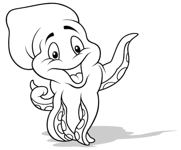 Drawing of a cheerful laughing octopus pointing with a tentacle