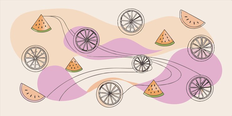 Vector a drawing of cheeses and watermelons with a line of dots