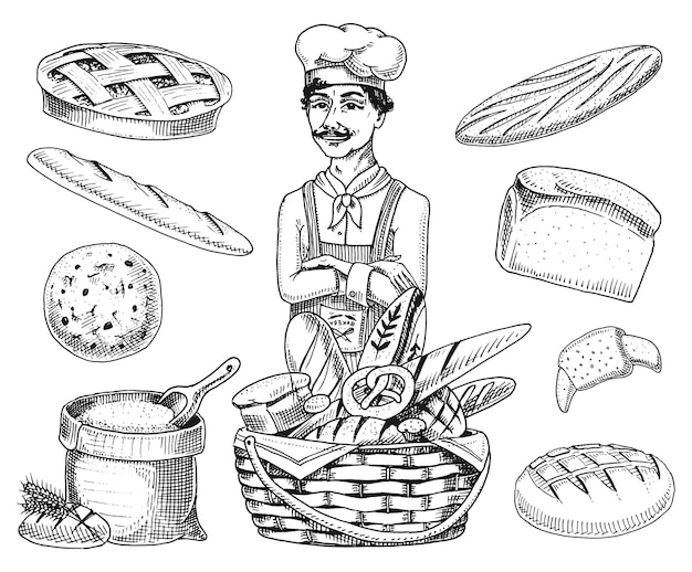 A drawing of a chef cooking with a lot of food.