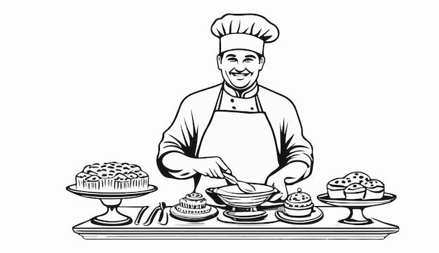 Vector a drawing of a chef cooking with plates of food