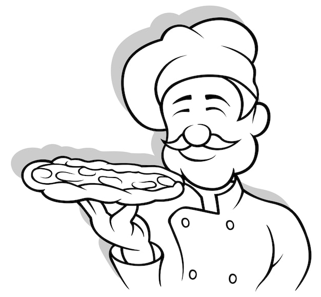 Vettore disegno di uno chef che tiene una pizza