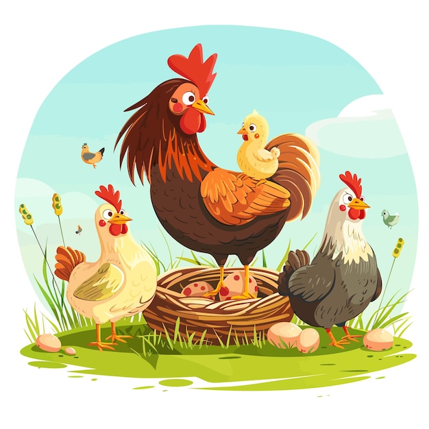 a drawing of a chicken and chickens with a blue background