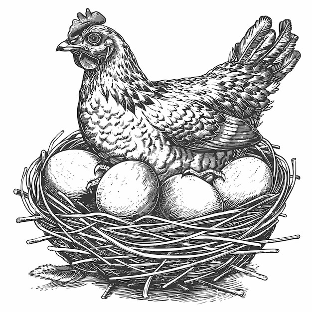 A drawing of a chicken nest with eggs in it