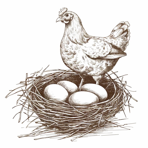 Vector a drawing of a chicken in a nest with eggs