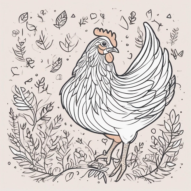 Un disegno di un pollo con un uccello sullo sfondo