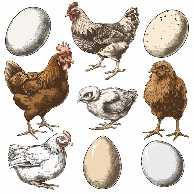 Vector a drawing of a chicken with eggs and eggs