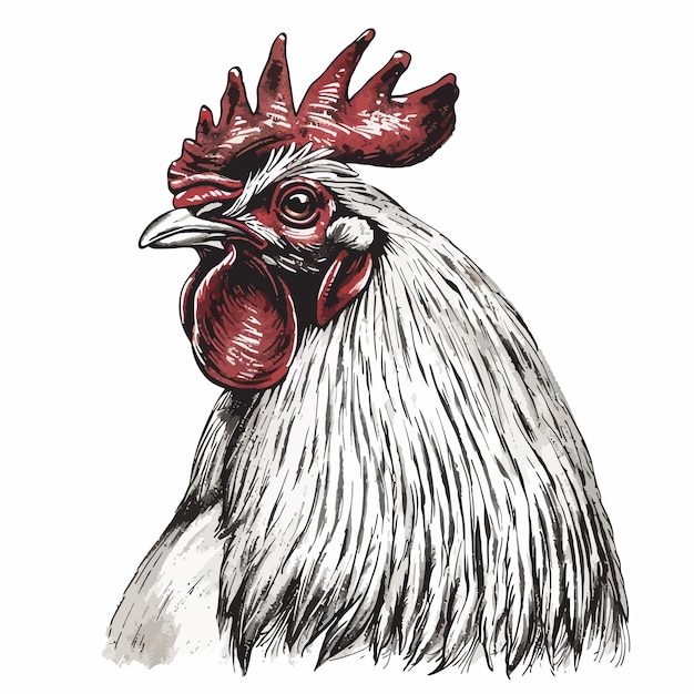 A drawing of a chicken with a red face