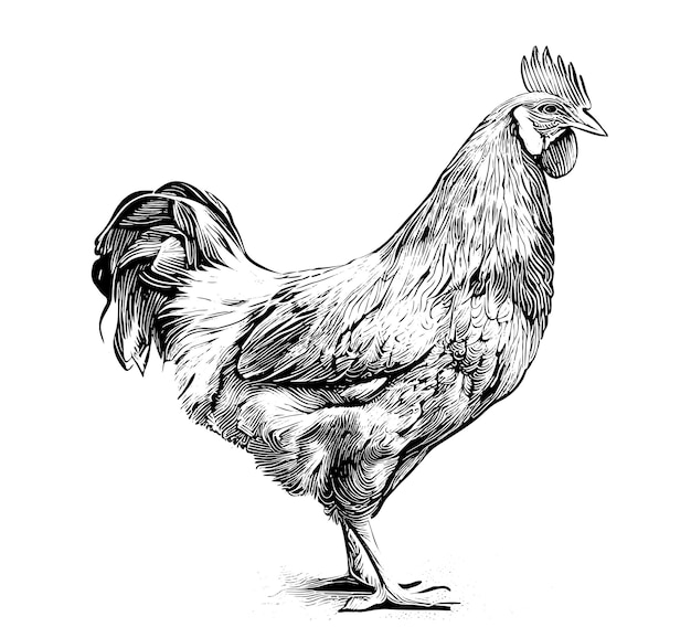 A drawing of a chicken with a white face and a black tail.