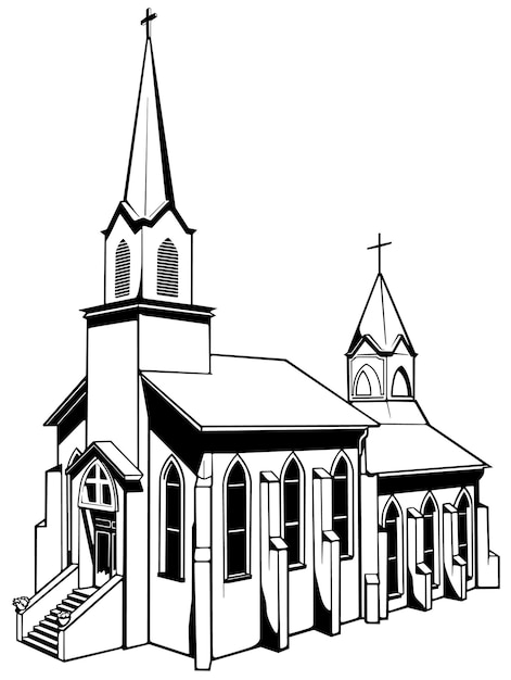 Drawing of a christian brick church black illustration isolated on white background vector