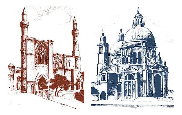 A drawing of a church and the cathedral in the background.