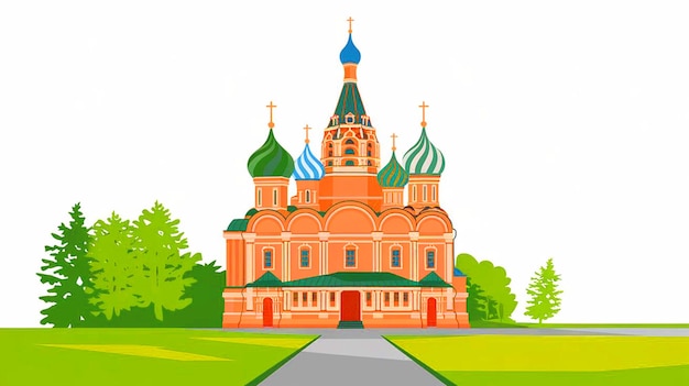 рисунок церкви с зеленой крышей и голубыми куполами