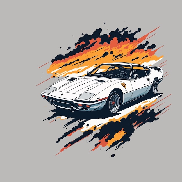 A drawing of a classic car with a fire background.