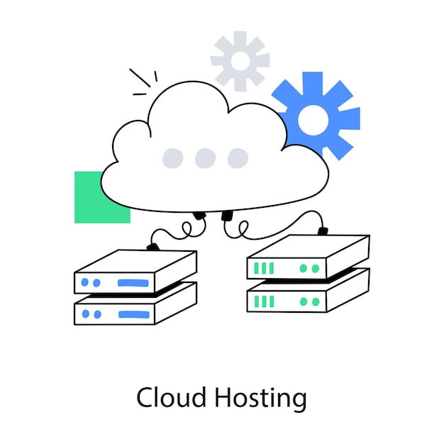 A drawing of a cloud hosting server with the words cloud hosting on it.
