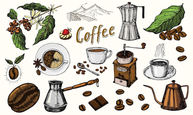 A drawing of a coffee maker and a coffee maker.