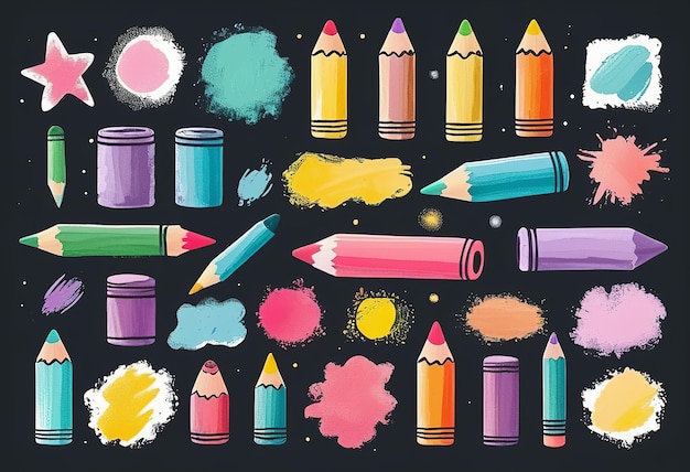 Vector a drawing of colorful crayons and other things