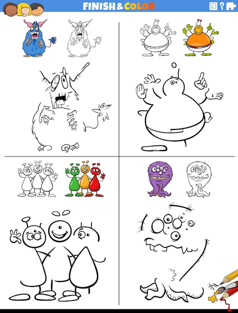 Drawing and coloring task with aliens and monsters