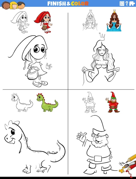 Drawing and coloring worksheet with fantasy characters