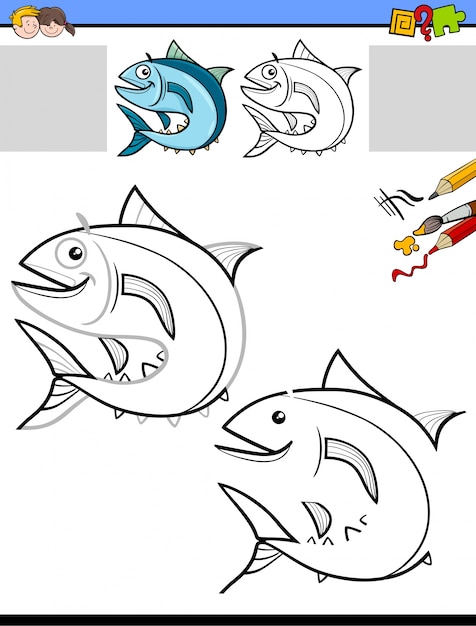 Drawing and coloring worksheet with fish